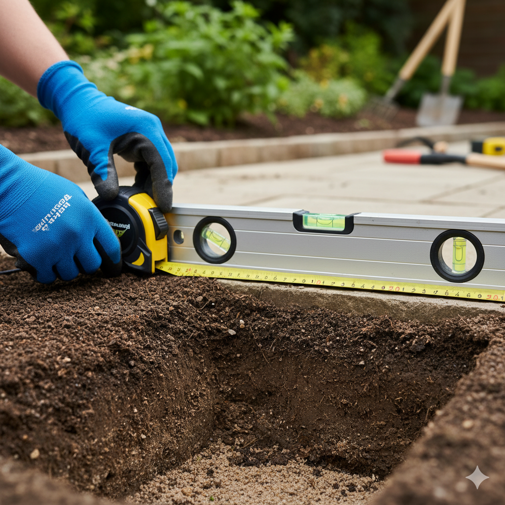 Correct excavation depth is essential to reach firm ground and ensure long-term patio stability.
