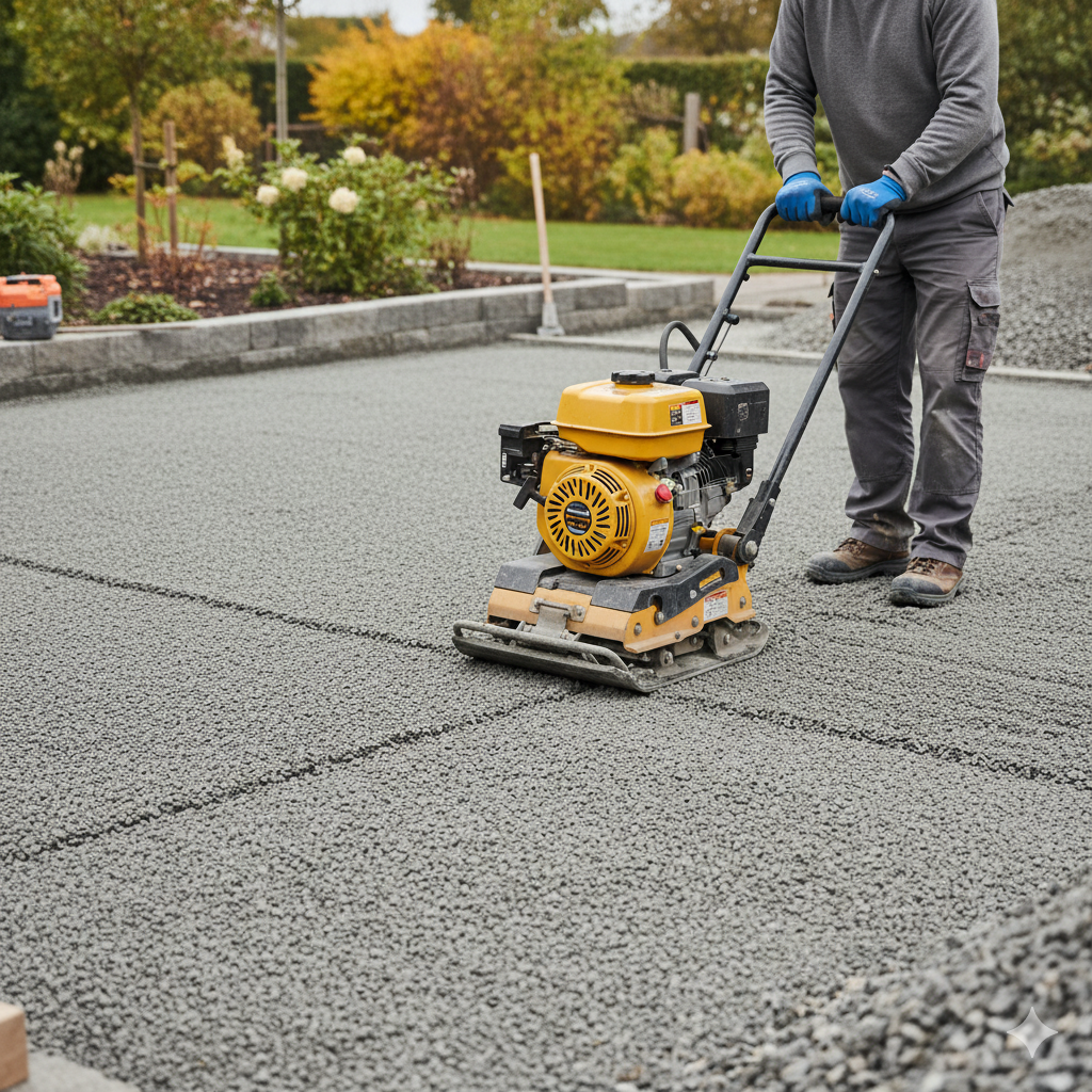Thorough compaction prevents future movement and gives the patio its long-lasting, even surface.