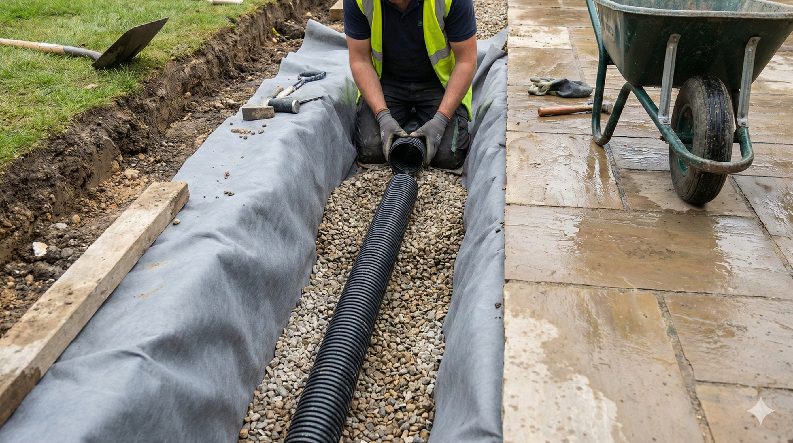 Proper drainage systems—like French drains—protect patios and lawns from long-term water damage.