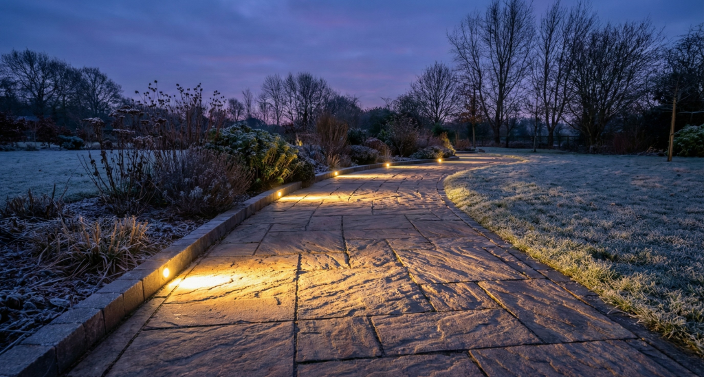 Well-placed lighting helps highlight potential hazards and makes winter pathways safer to use.