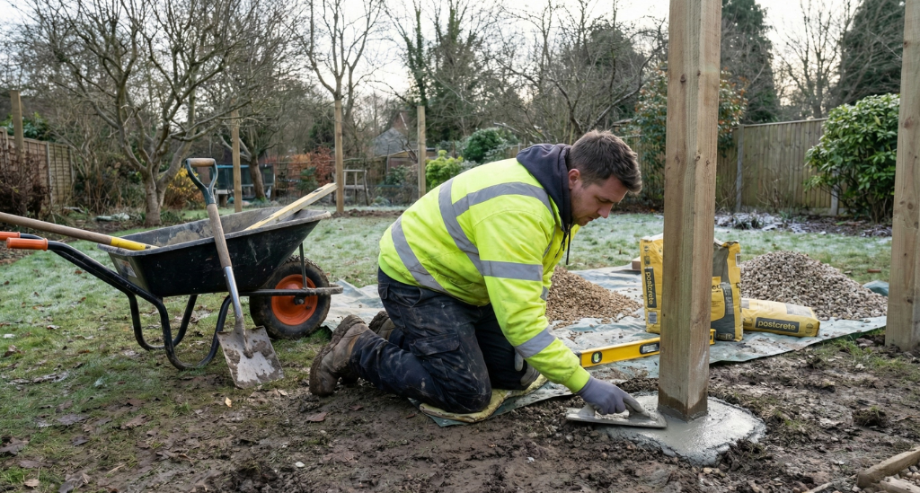 Reinforcing fence posts with proper concrete footings improves stability during high winds and saturated ground conditions.