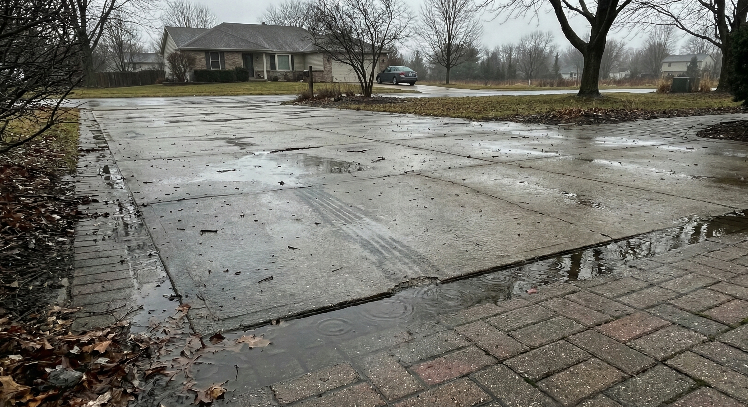 Standing water during winter allows moisture to penetrate the surface, increasing the risk of frost-related damage.