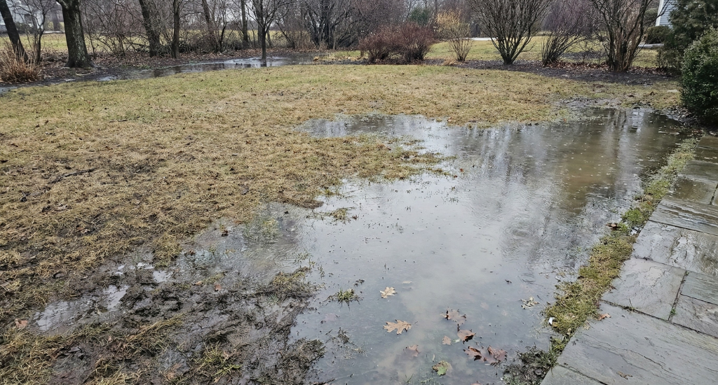 Persistent winter rain exposes drainage problems that trap water at the surface instead of directing it away.