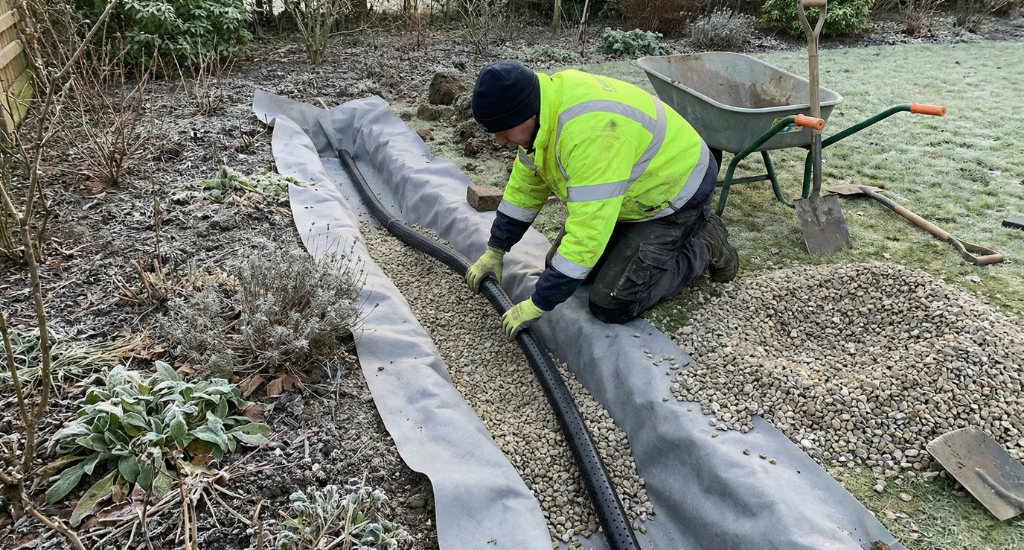 Proper drainage systems redirect excess water safely away from lawns and patios during winter rainfall.