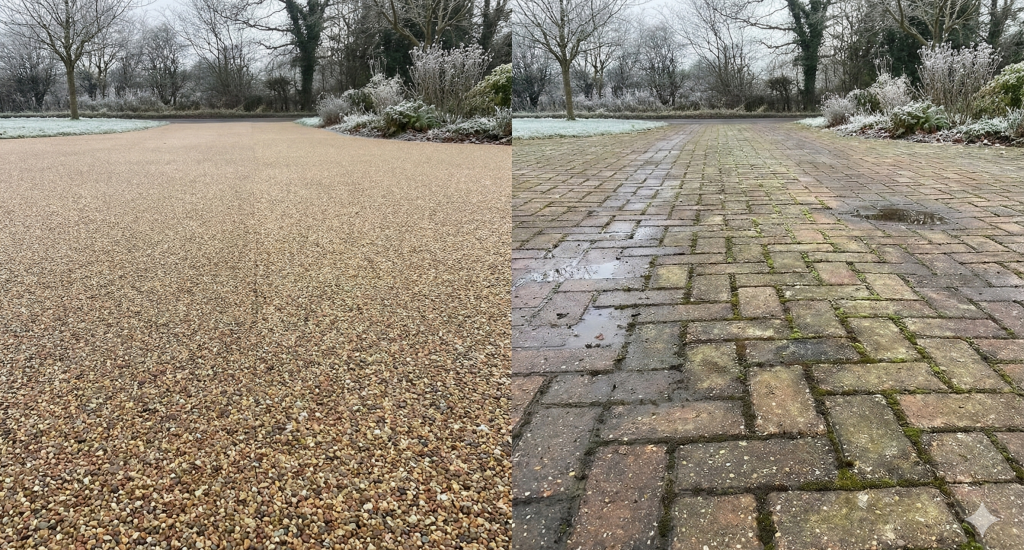 Resin-bound surfaces remain smooth and stable in winter, while block paving often shows joint erosion and movement.