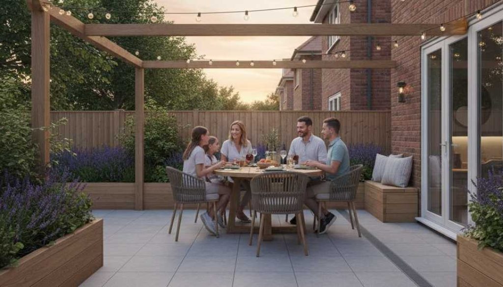 Patio in Spring Enjoyed by a Family