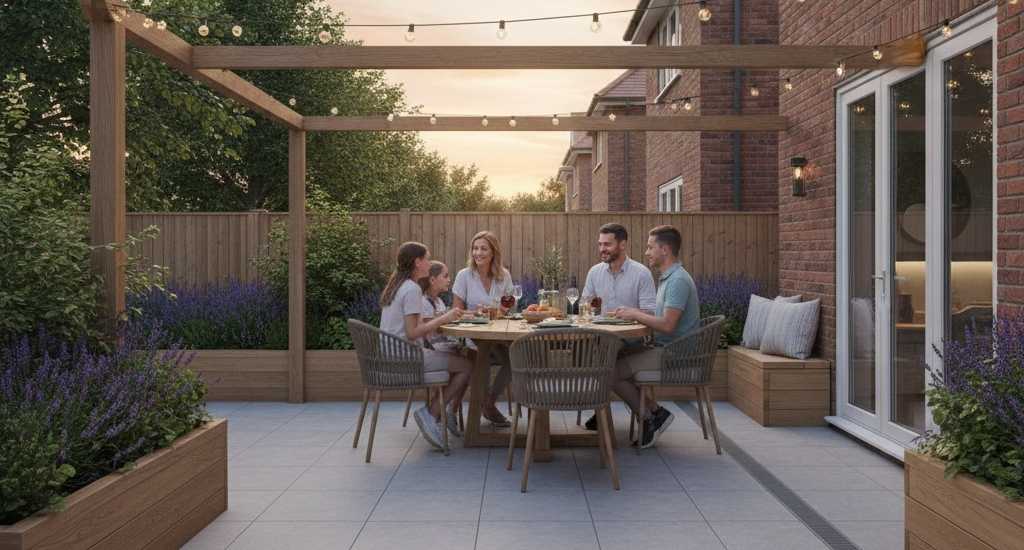 Patio in Spring Enjoyed by a Family