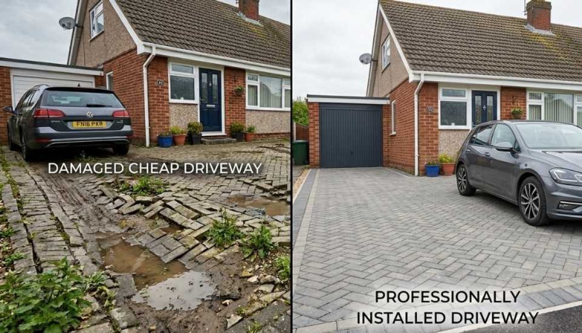 A side-by-side comparison of a damaged, muddy driveway with broken paving stones and a professionally installed driveway with neat grey pavers.