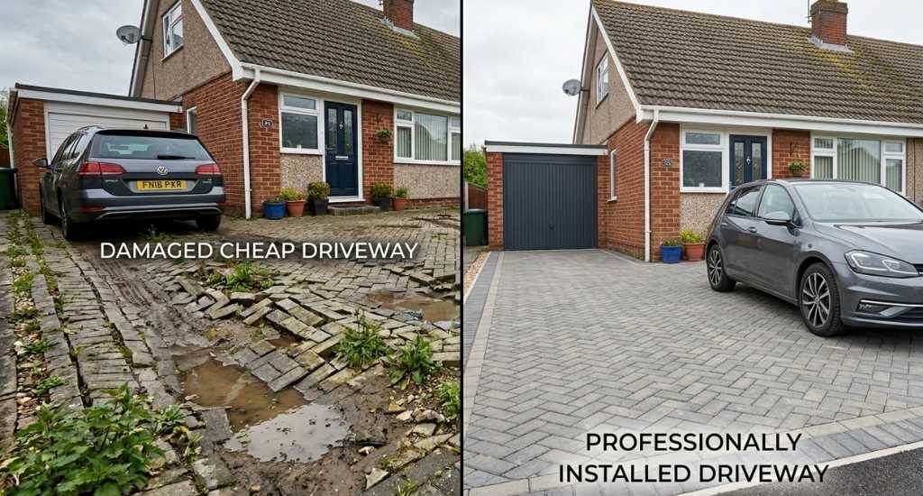 A side-by-side comparison of a damaged, muddy driveway with broken paving stones and a professionally installed driveway with neat grey pavers.