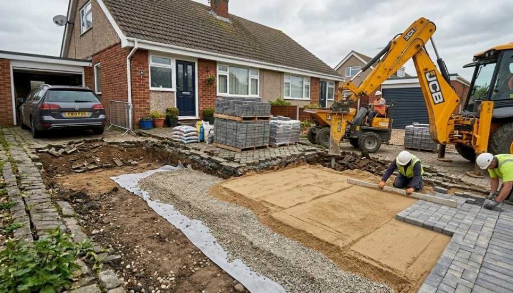 Workers are paving a driveway in front of a house. A yellow excavator and a dumper are on site. Piles of paving stones and bags of sand are visible.
