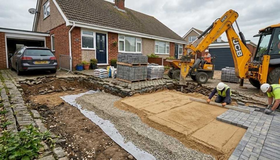Workers are paving a driveway in front of a house. A yellow excavator and a dumper are on site. Piles of paving stones and bags of sand are visible.