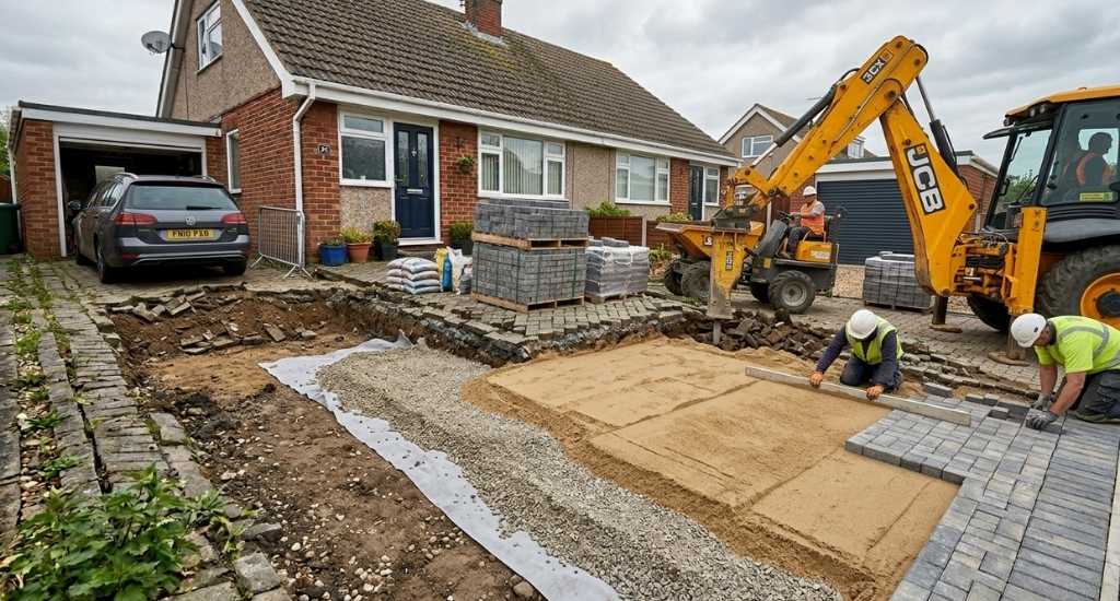 Workers are paving a driveway in front of a house. A yellow excavator and a dumper are on site. Piles of paving stones and bags of sand are visible.
