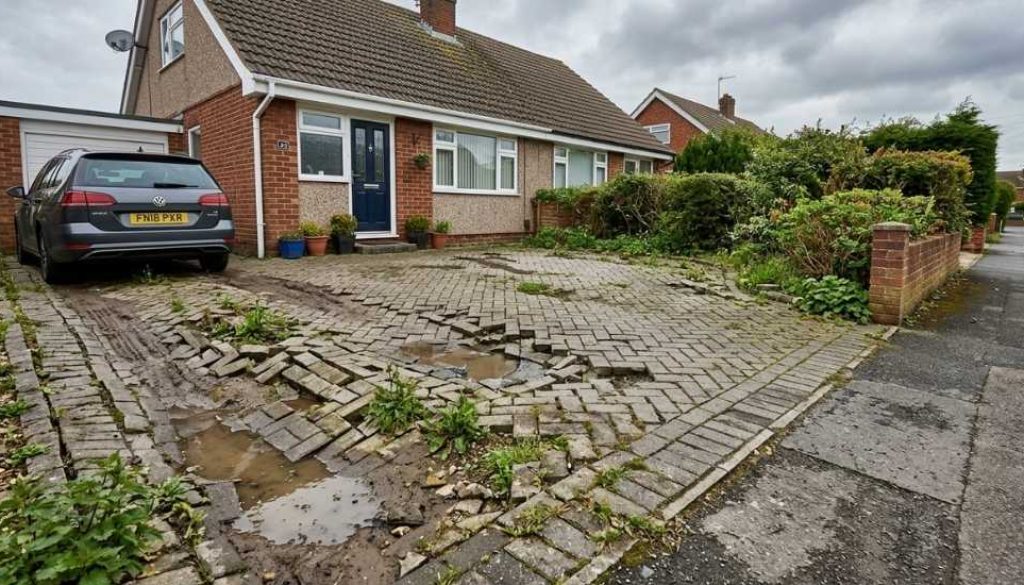 Failed driveway with visible sinking and uneven paving