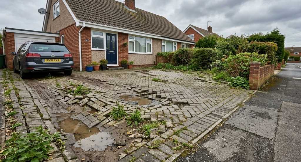 Failed driveway with visible sinking and uneven paving