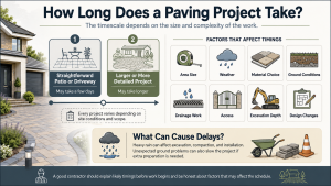 Infographic showing how long a paving project takes, with factors such as area size, weather, material choice, drainage work, access, excavation depth, and design changes