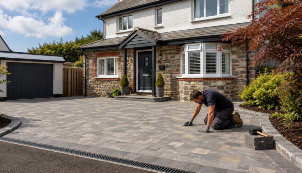 Contractor checking newly installed block paving driveway outside a Barnstaple home with clean edges, drainage channel, and landscaped front garden