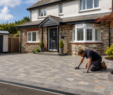 Contractor checking newly installed block paving driveway outside a Barnstaple home with clean edges, drainage channel, and landscaped front garden