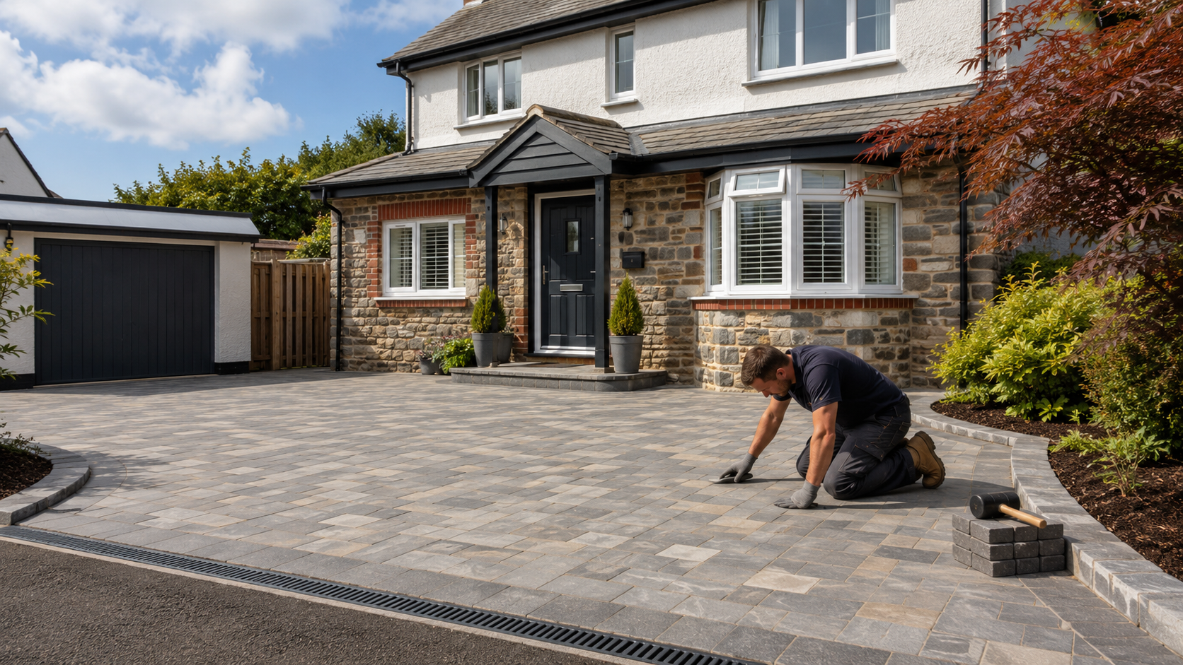 Contractor checking newly installed block paving driveway outside a Barnstaple home with clean edges, drainage channel, and landscaped front garden