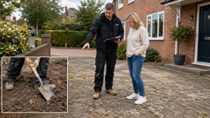 Contractor surveying a worn driveway surface with a homeowner while discussing a paving quotation and plan, with inset showing excavation work using a spade.