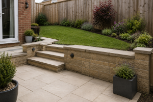 Modern backyard garden with stone pavers