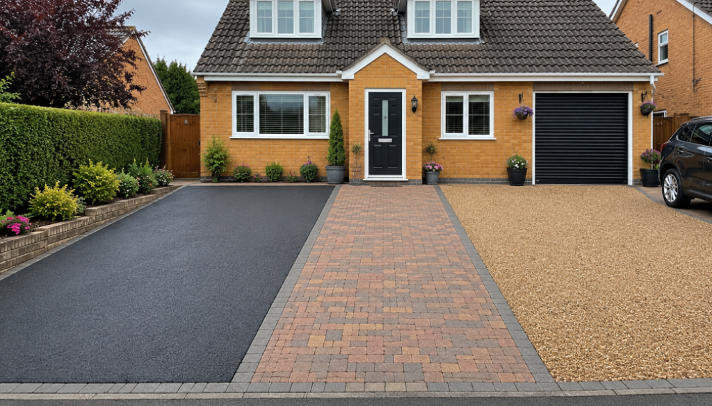 Suburban home with different driveway surfaces