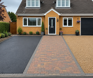 Suburban home with different driveway surfaces