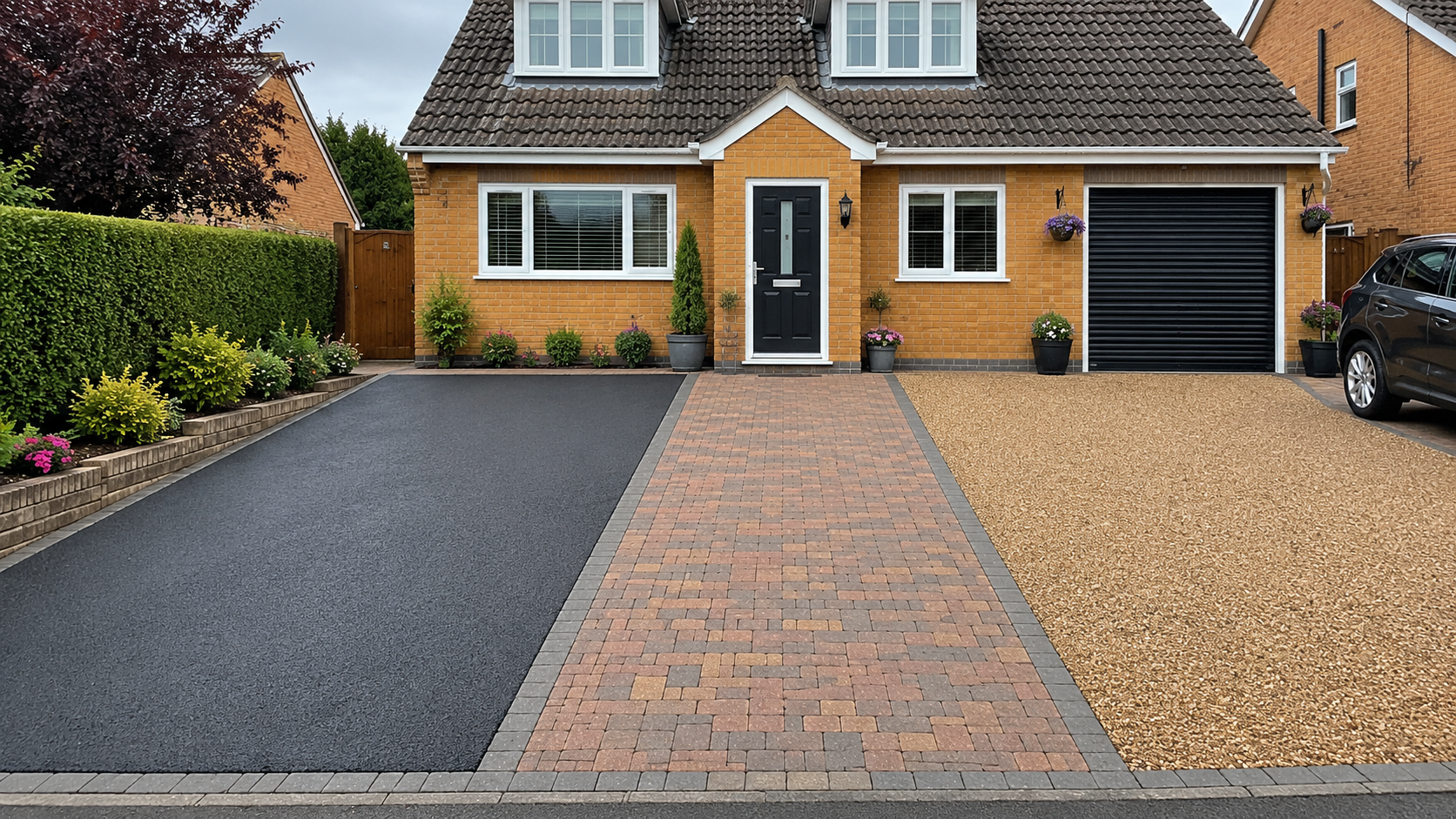 Suburban home with different driveway surfaces