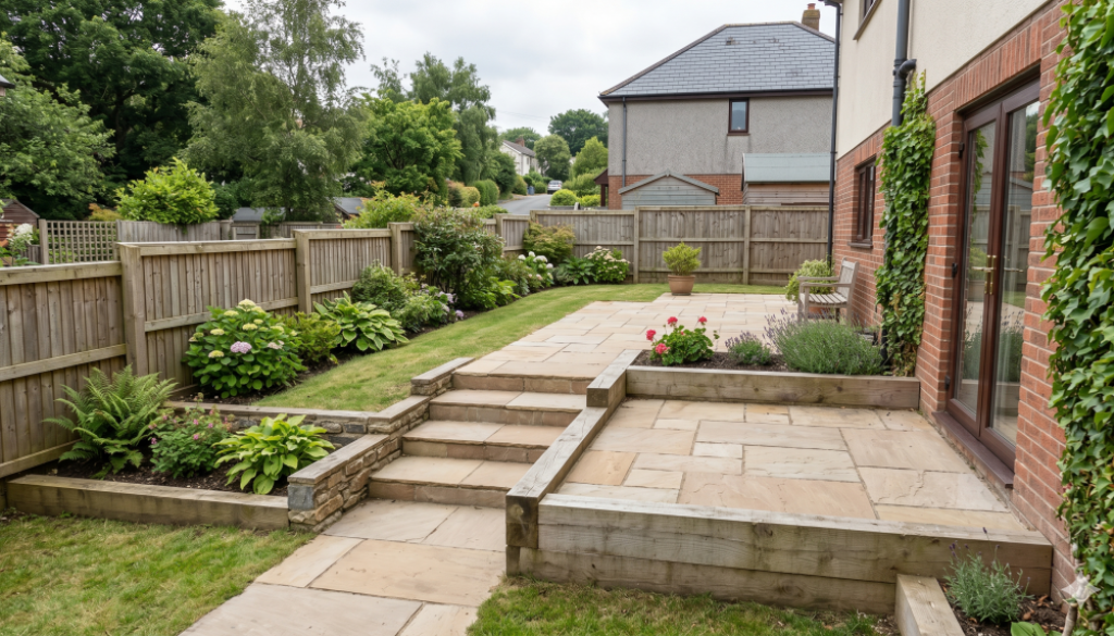 Terraced sloped garden in Barnstaple with raised patio, paved steps, retaining edges, and planted beds