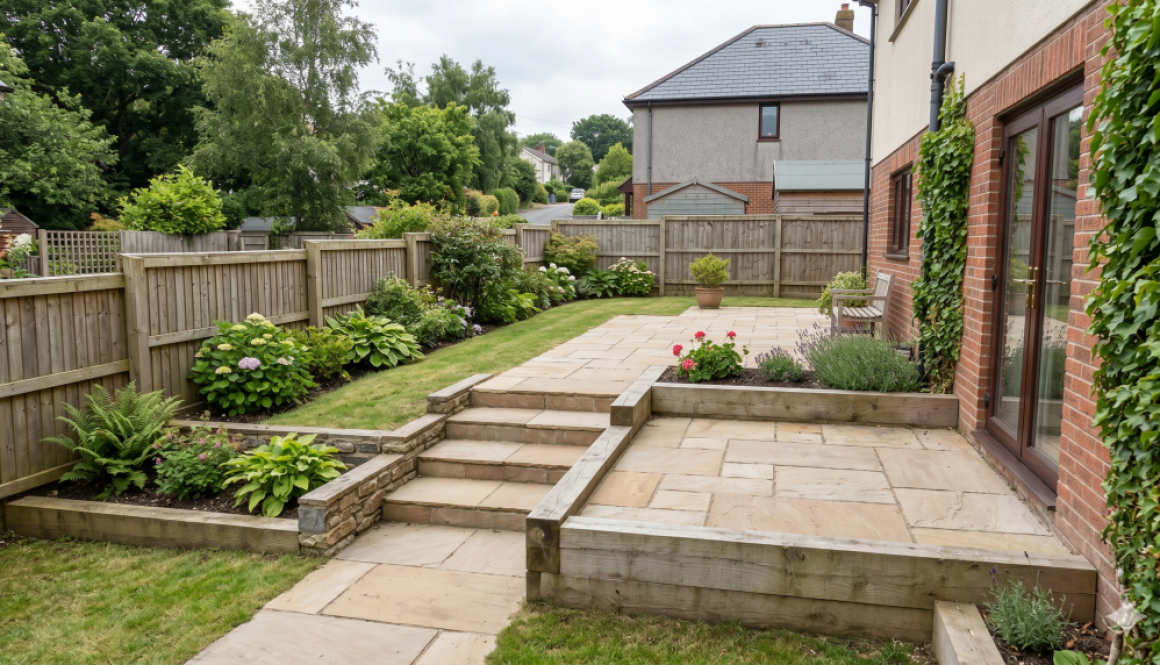 Terraced sloped garden in Barnstaple with raised patio, paved steps, retaining edges, and planted beds