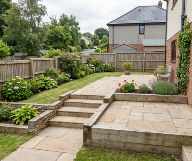 Terraced sloped garden in Barnstaple with raised patio, paved steps, retaining edges, and planted beds