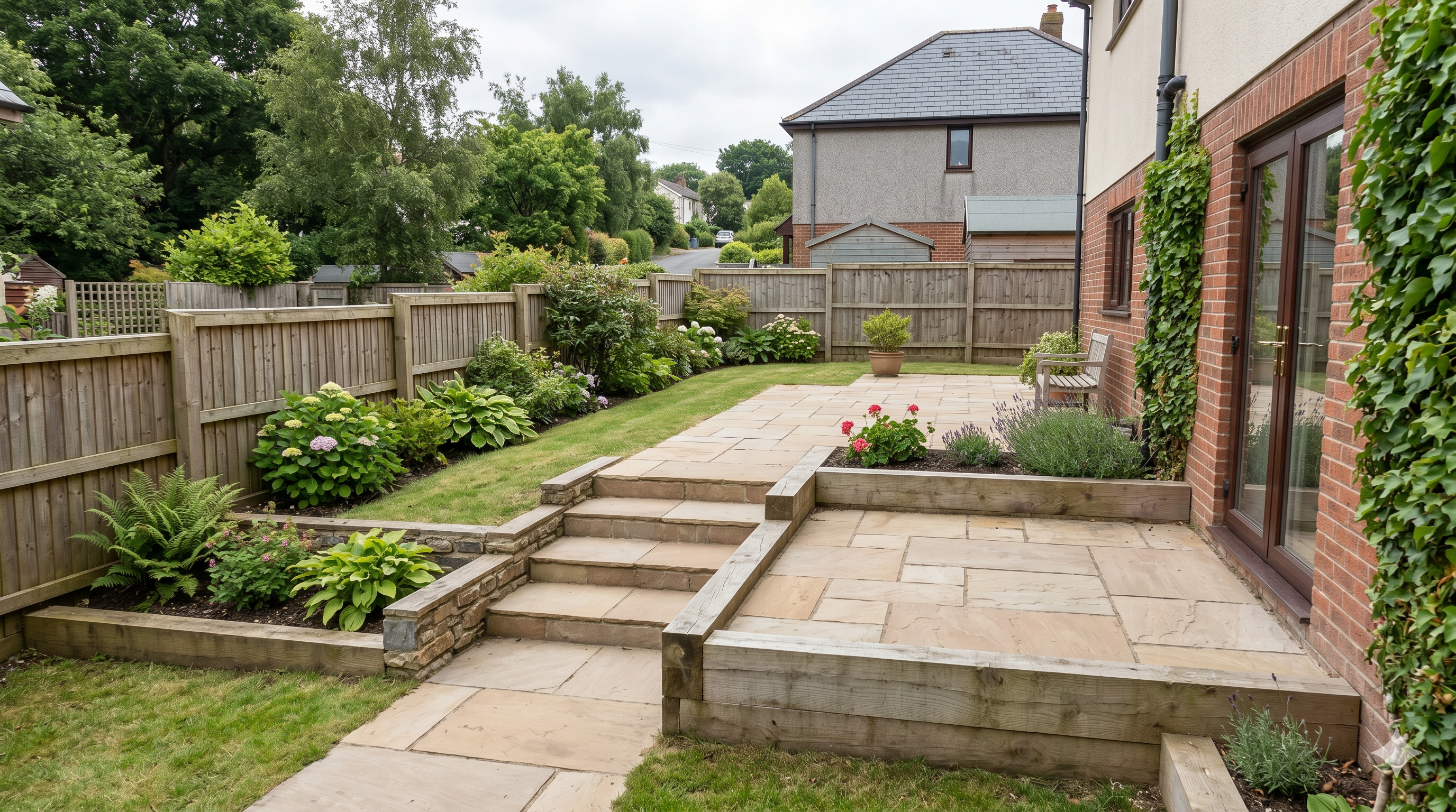 Terraced sloped garden in Barnstaple with raised patio, paved steps, retaining edges, and planted beds