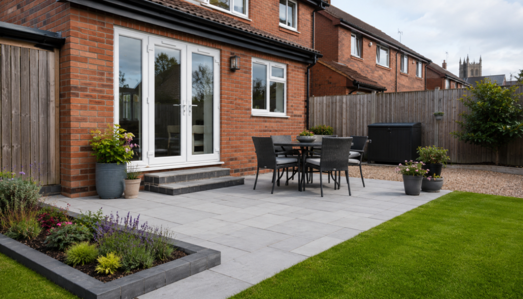 Suburban backyard with garden and patio