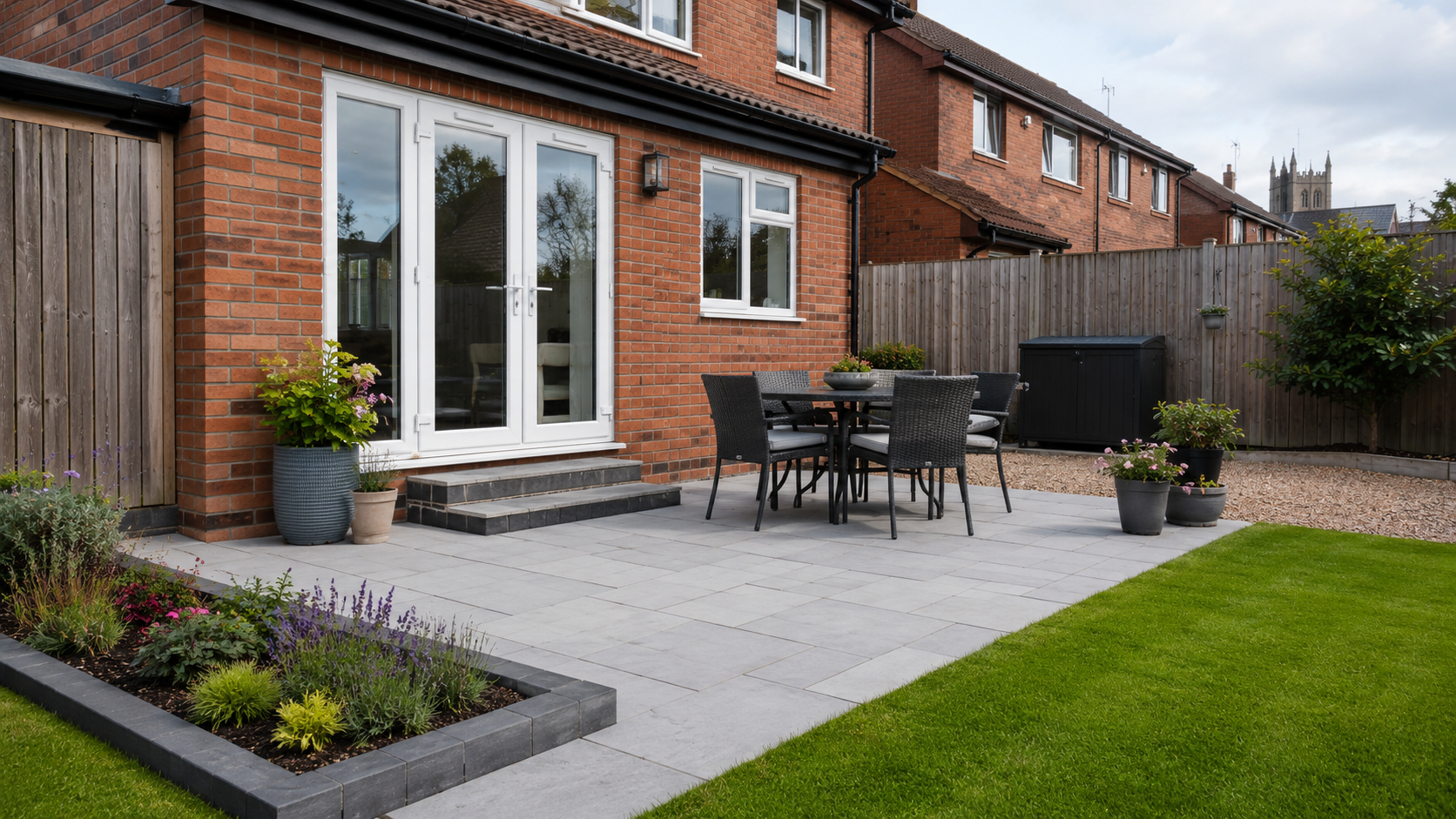 Suburban backyard with garden and patio