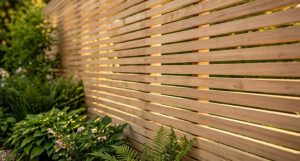 Close-up of a modern horizontal slatted timber fence with even gaps letting light and breeze through