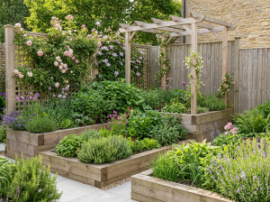 Compact garden corner with timber raised beds, climbing plants on a trellis and a slim pergola for height