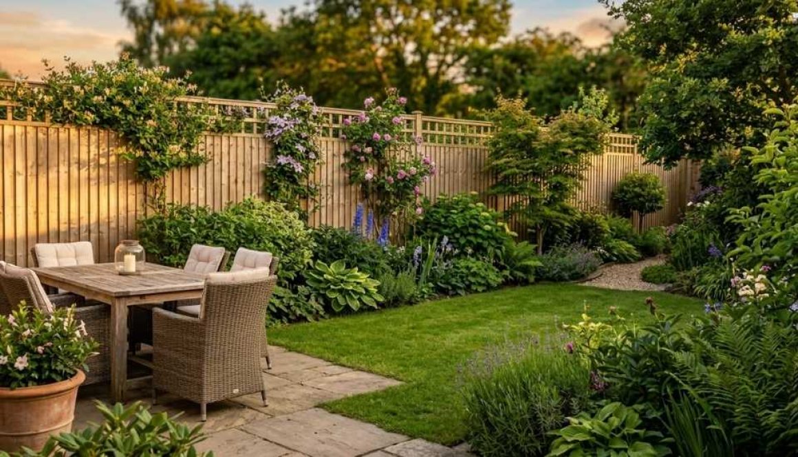 Featured image Private South West back garden with a slatted timber fence, patio seating and climbing plants on a warm summer evening