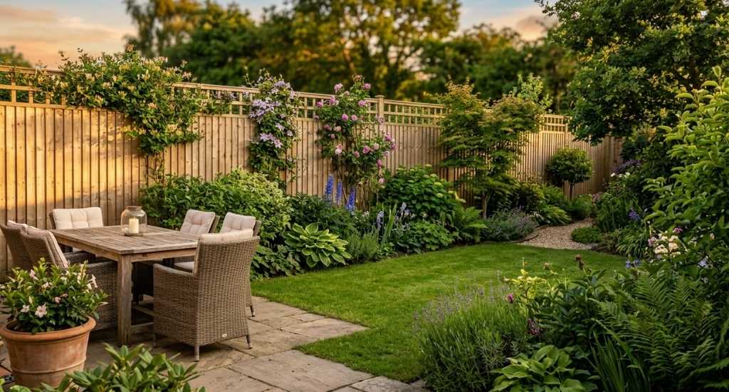 Featured image Private South West back garden with a slatted timber fence, patio seating and climbing plants on a warm summer evening