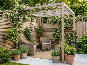 Garden seating corner screened by a trellis topper with climbing jasmine and a slim overhead pergola