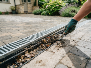 Gloved hand clearing built-up leaves and grit from a lifted driveway channel drain