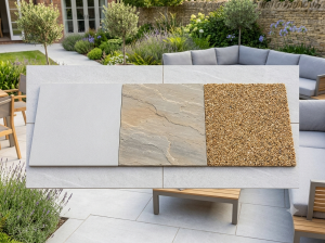 Porcelain, sandstone and resin-bound patio samples side by side showing their different textures