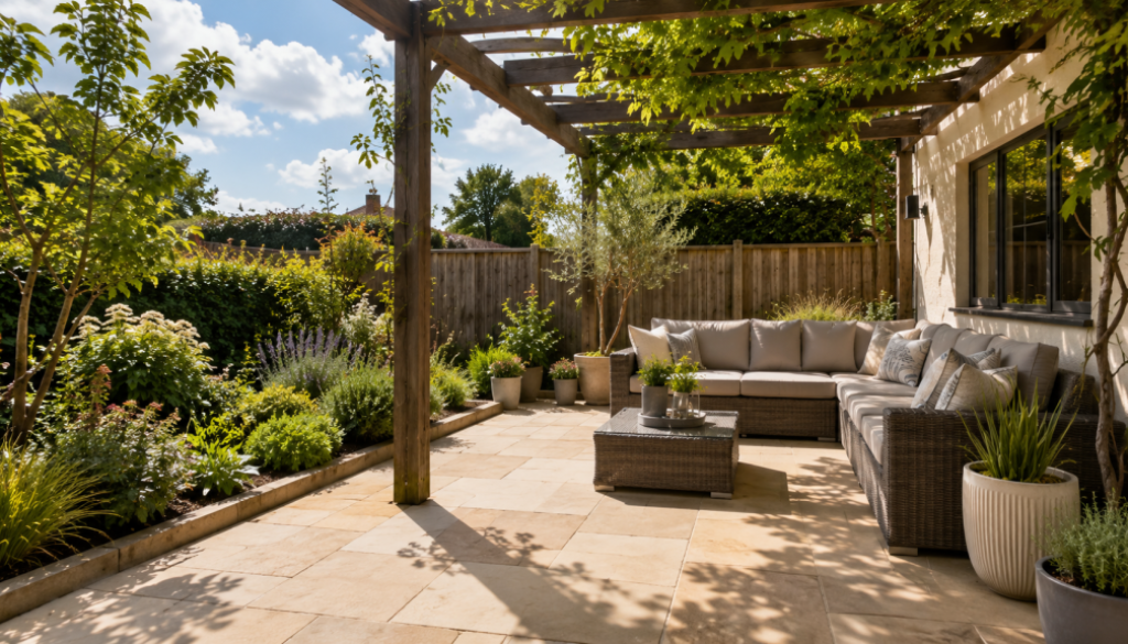 Shaded South West garden patio with light paving and seating, set up to stay cool in summer