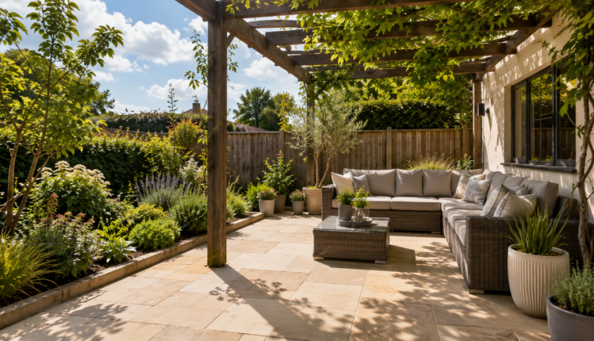 Shaded South West garden patio with light paving and seating, set up to stay cool in summer