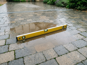 Shallow puddle pooling on a driveway with a spirit level laid across to check the slope