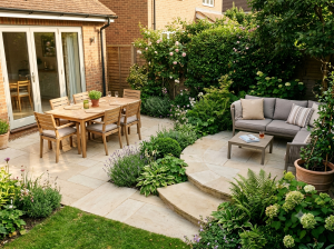 Small square garden with pale paving laid on a 45-degree diagonal and triangular planted corners