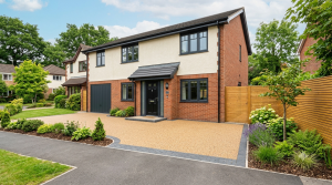 Southwest England home with warm-toned driveway paving