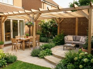 Timber pergola shading a patio dining area on a sunny July afternoon