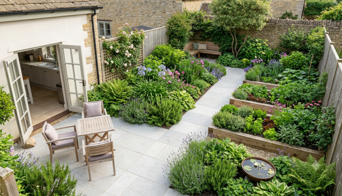 Well-designed compact South West garden with a paved seating zone, diagonal path and raised planted beds