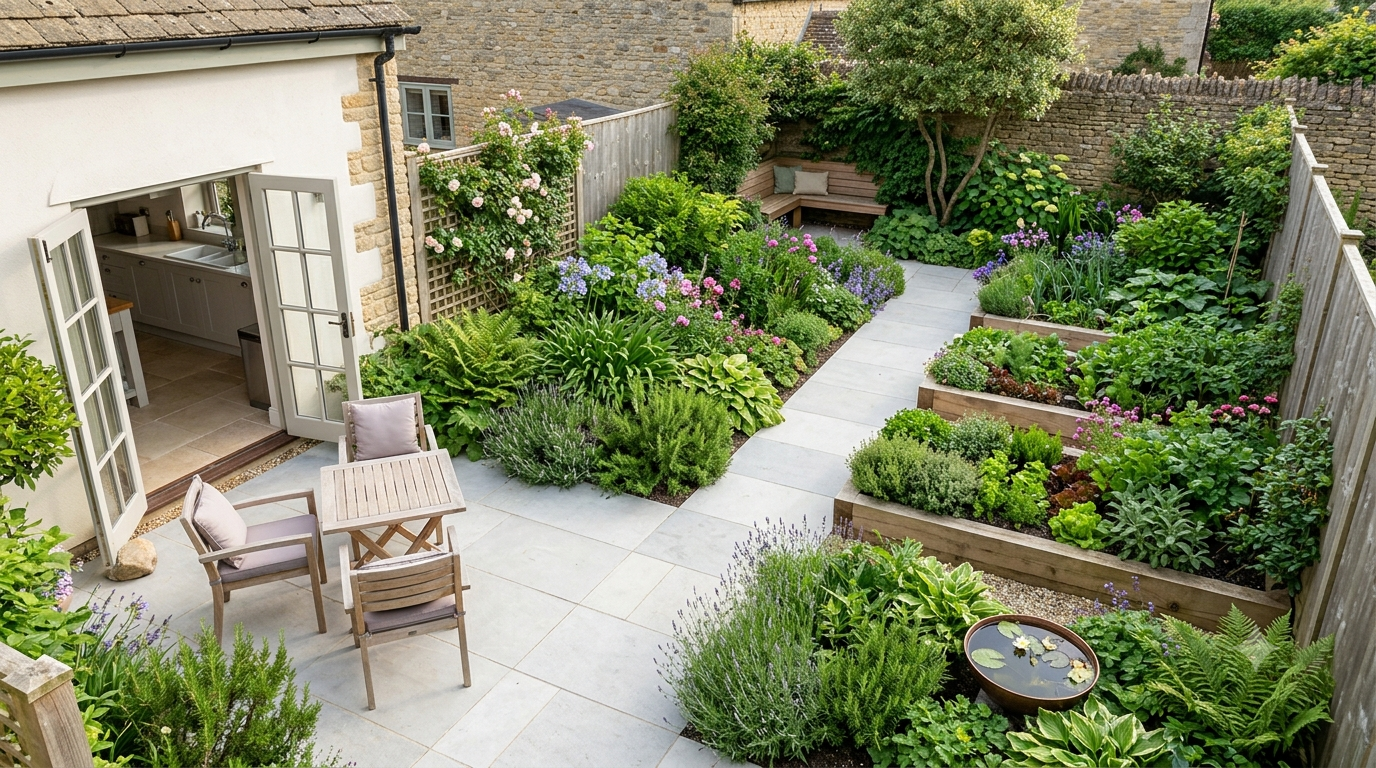 Well-designed compact South West garden with a paved seating zone, diagonal path and raised planted beds
