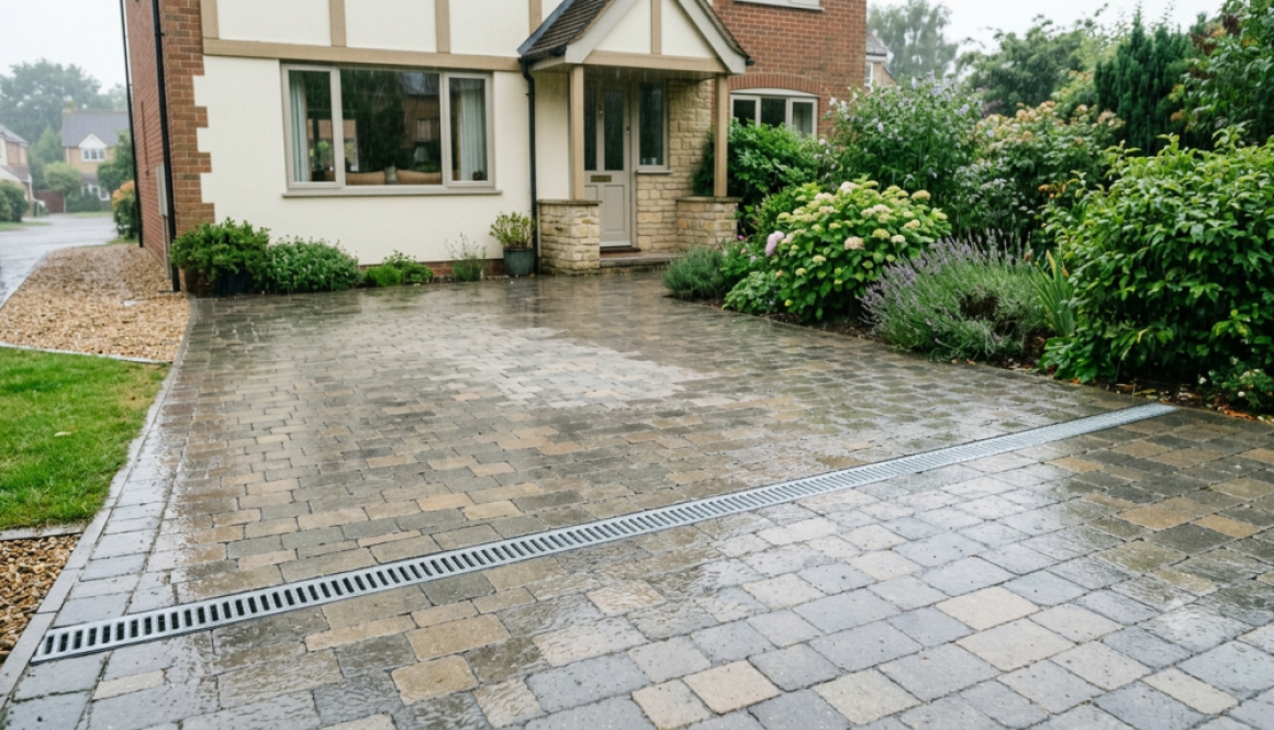 Well-drained block paving driveway with a channel drain during light summer rain in the South West