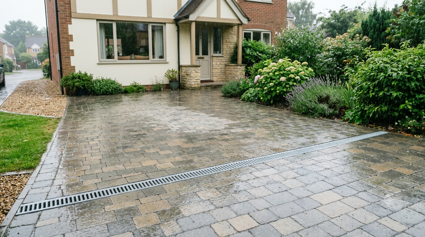 Well-drained block paving driveway with a channel drain during light summer rain in the South West